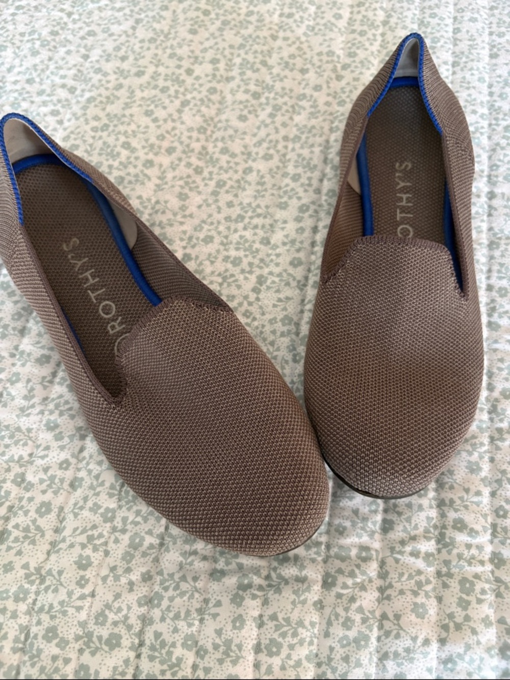 Rothy's Women's Taupe Knit Slip-On Loafers with Blue Trim
